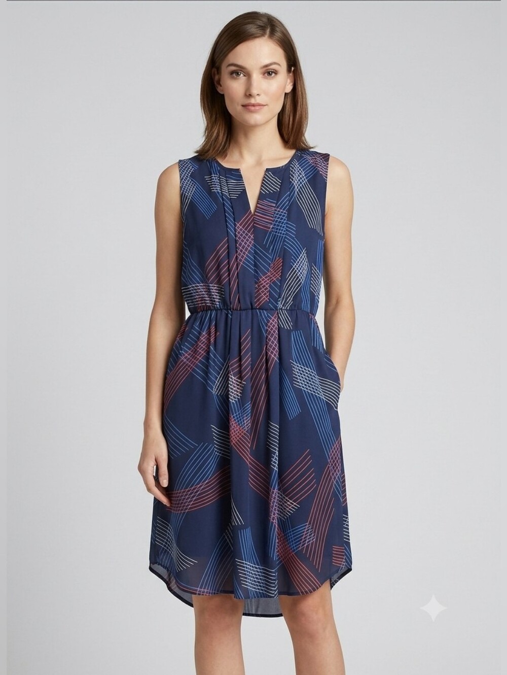 ​Halogen Geometric Print Sleeveless Sun Dress with Pockets Navy Blue Size 8